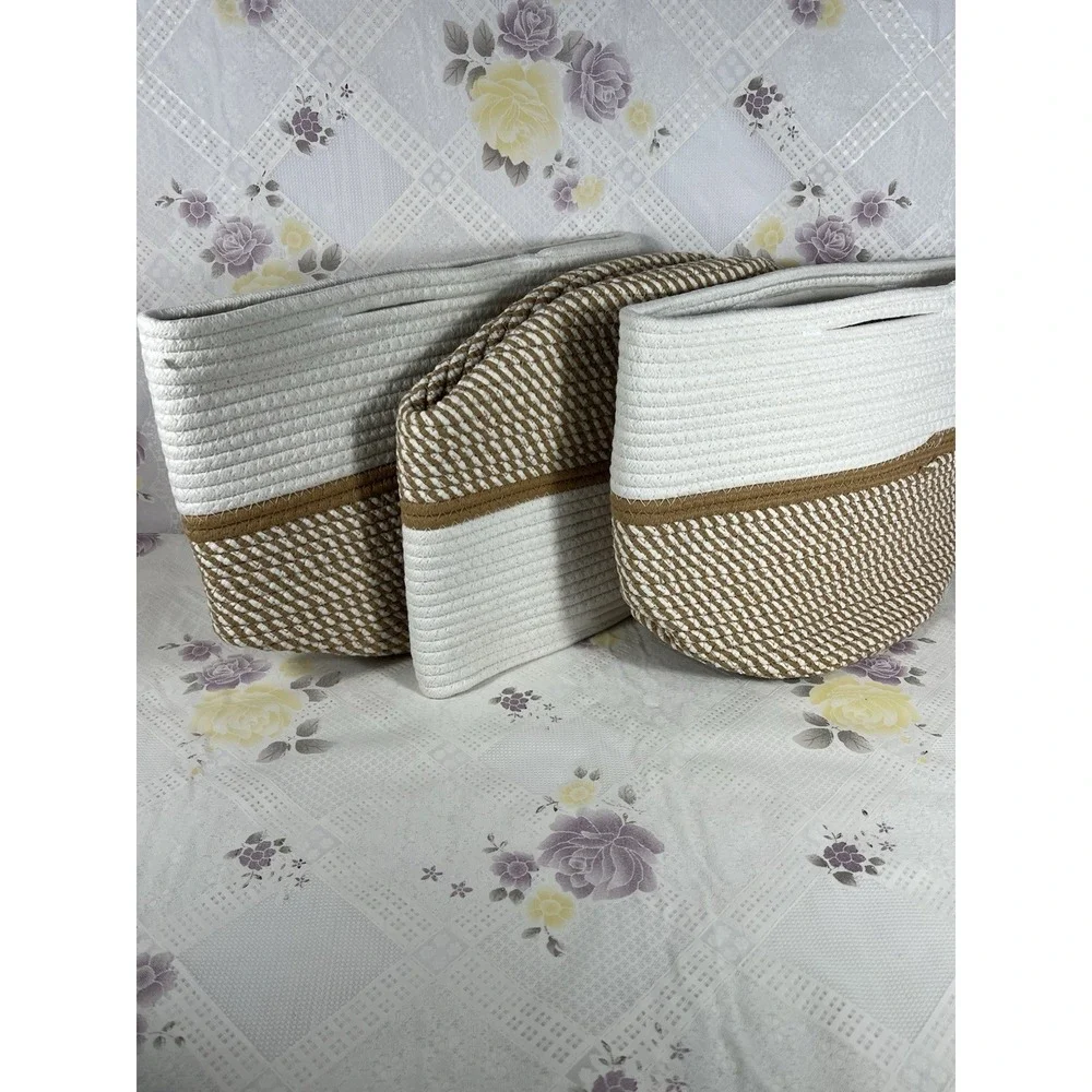 Cotton Rope Storage Basket Bins Round Foldable 3 Pack‎ Beige